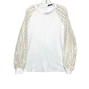 Miholl Waffle Knit Blouse Womens XL Lace Balloon Sleeves Eyelet Angelcore Boho